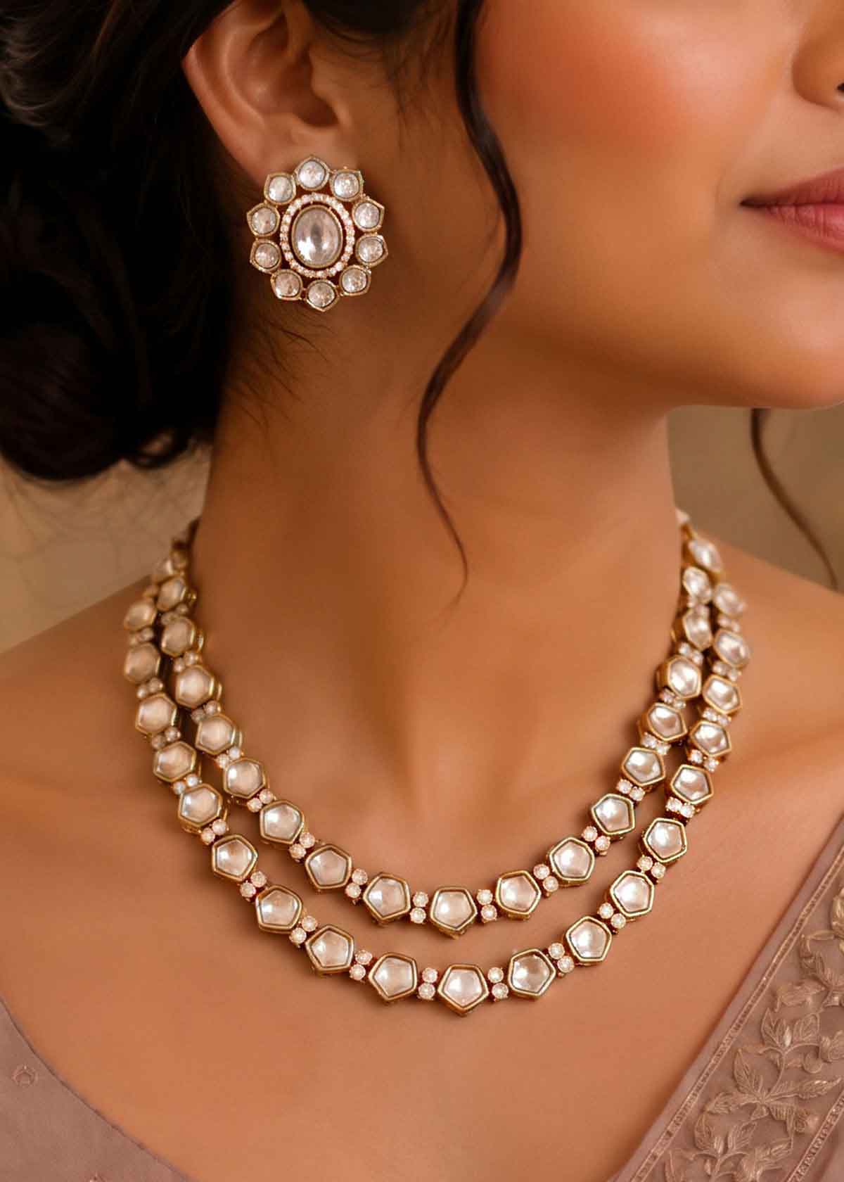 Two Line Gold Plated Kundan & Cubic Zircon Short Necklace Set For Women