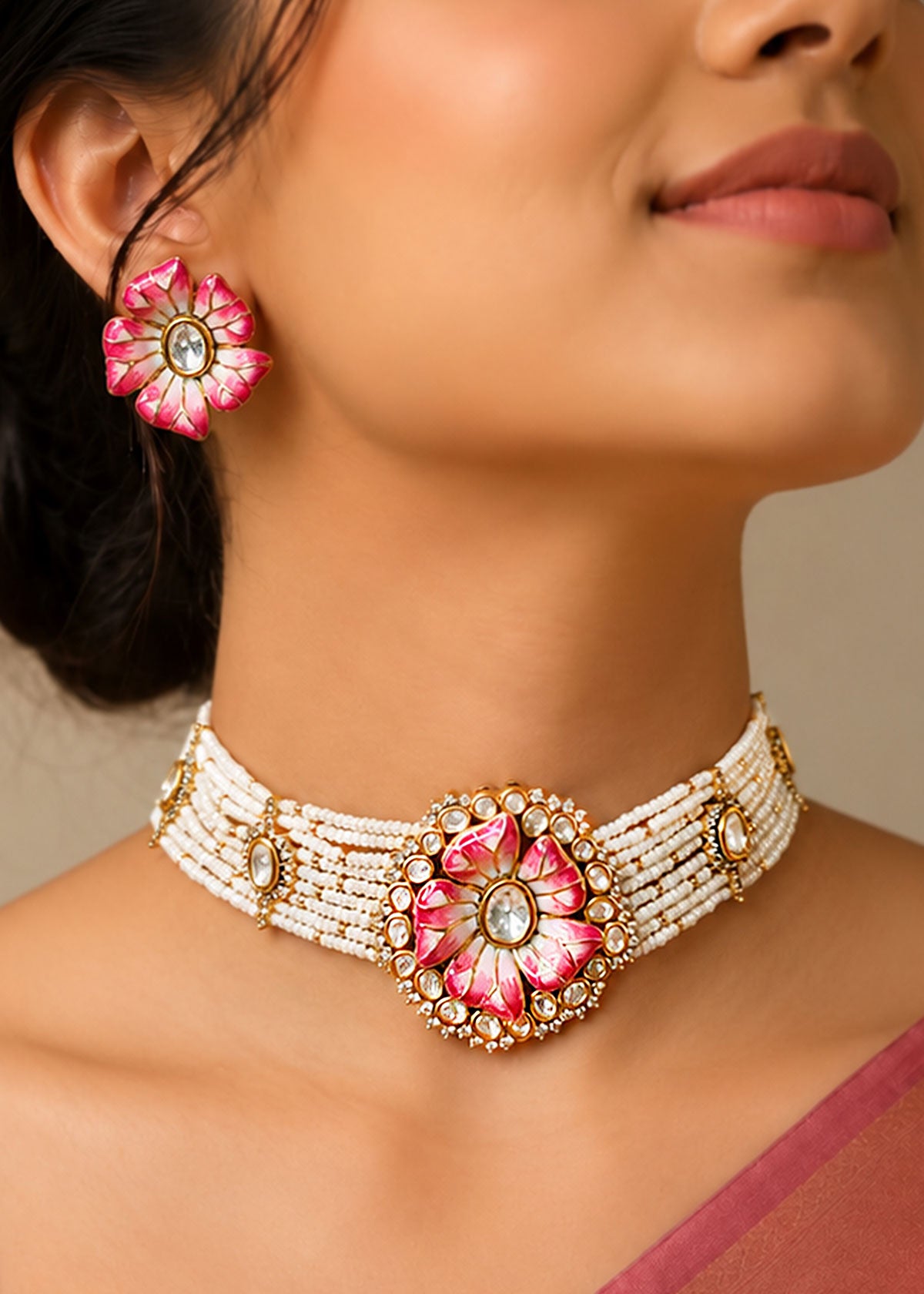 Royal Pearl & Kundan Pink Lotus Meenakari Choker Necklace Set For Women