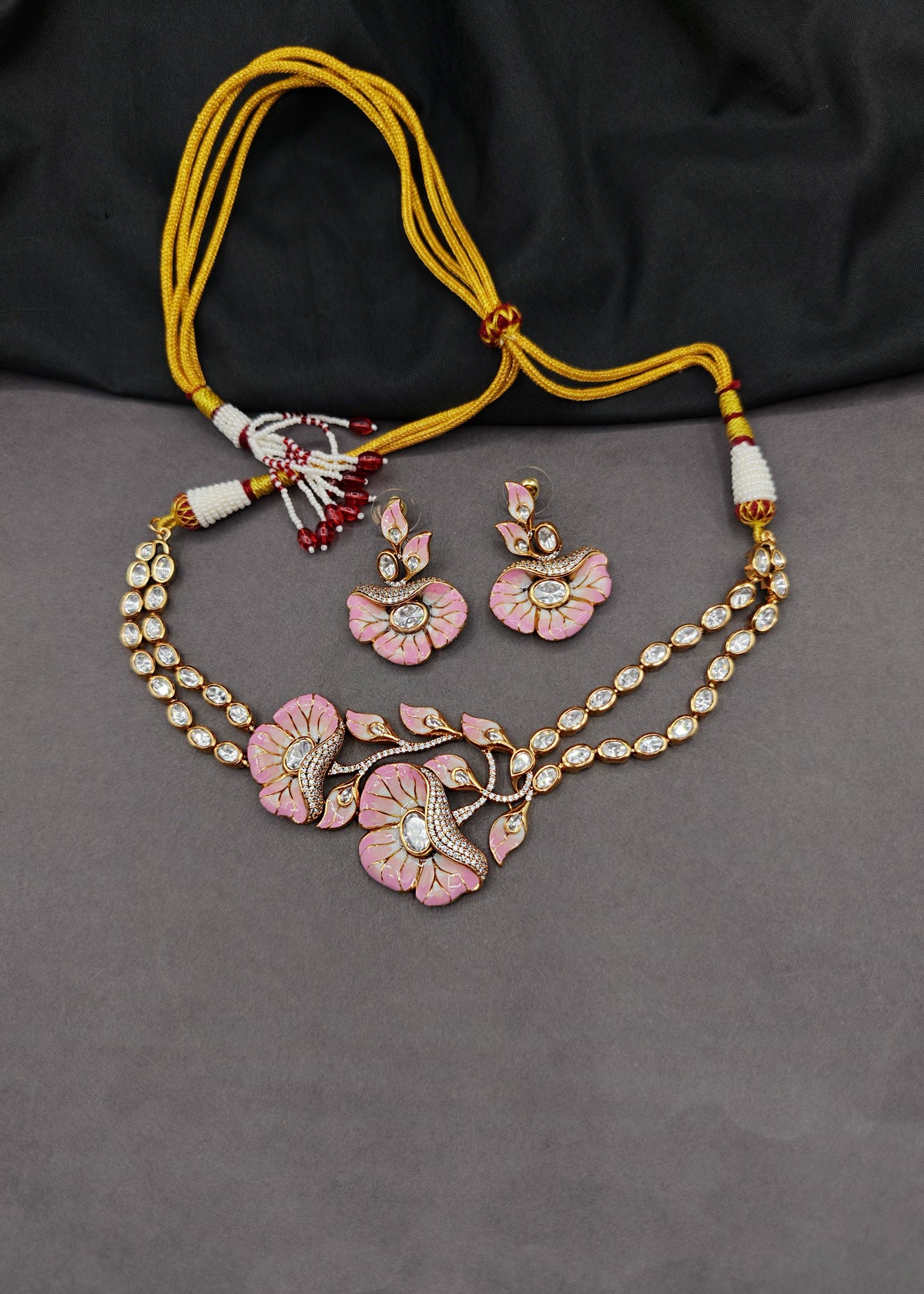 Pastel Pink Meenakari Kundan Short Adjustable Necklace Set For Women