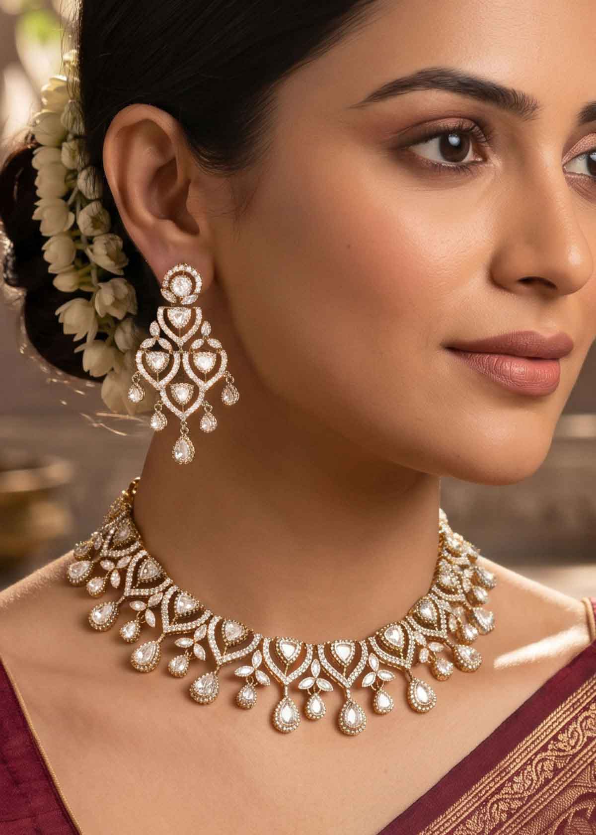 Sparkling Kundan & Marquise Diamond Short Adjustable Necklace Set For Women