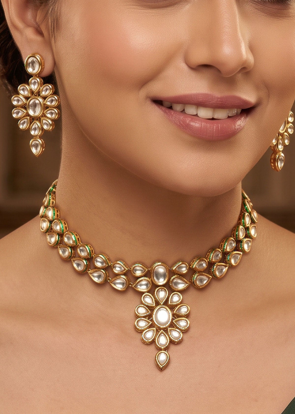 Elegant Gold Plated Kundan Floral Short Adjustable Necklace Set For Women