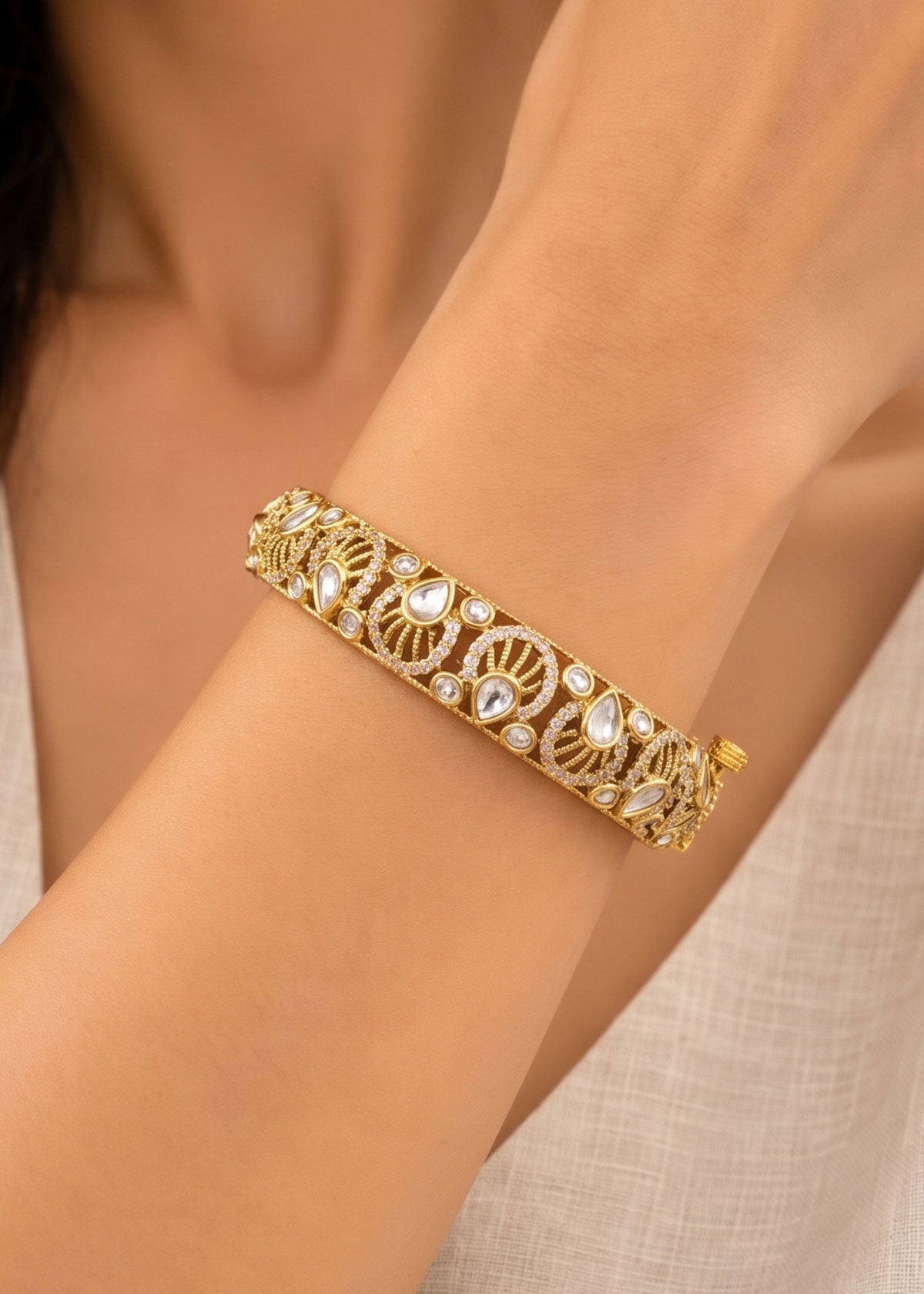Intricate Jaali Work Kundan Polki & Zircon Openable Kada Bangles For Women (Pair)