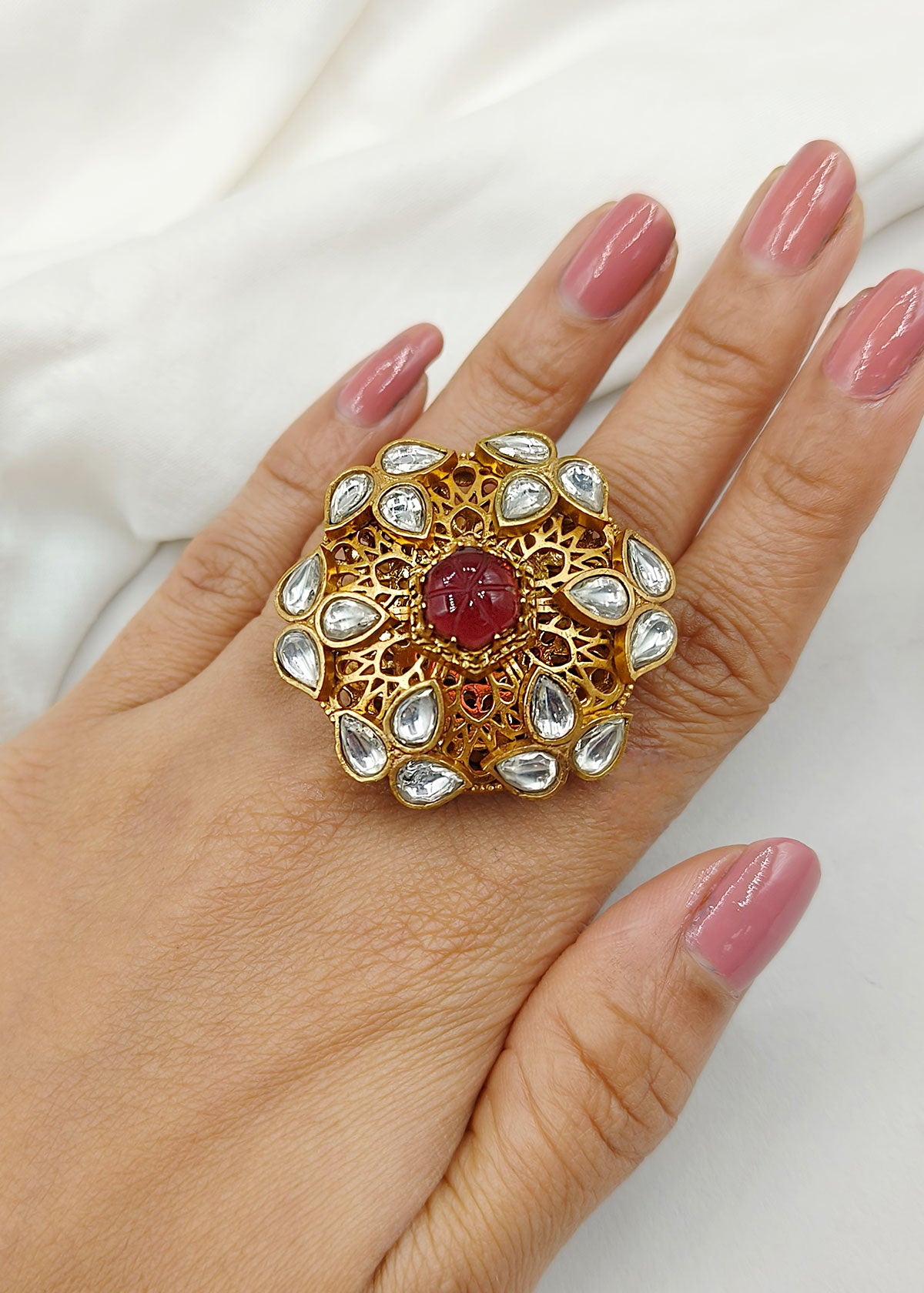 Big Antique Gold Kundan Finger Ring