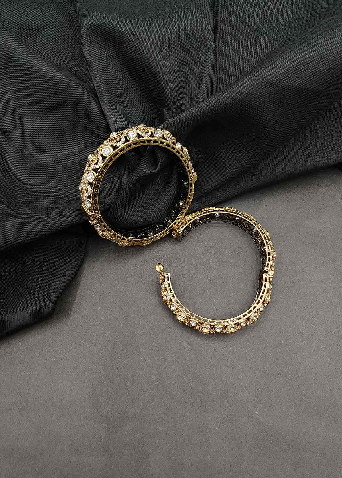 Floral Kundan & Cubic Zircon Openable Kada Bangles For Women (Pair)