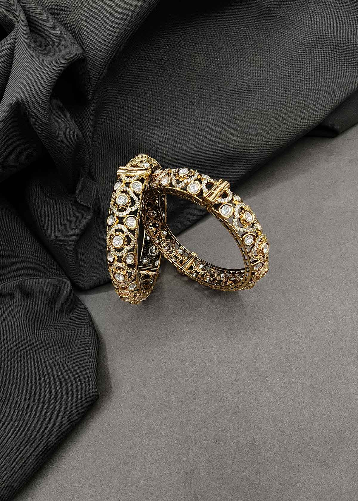 Floral Kundan & Cubic Zircon Openable Kada Bangles For Women (Pair)