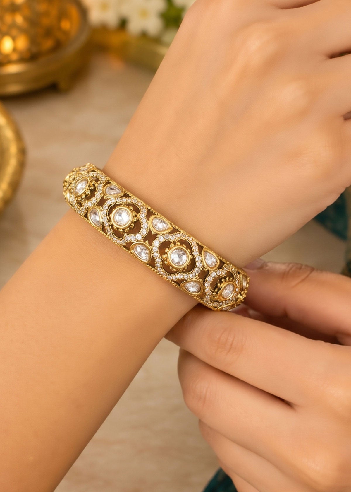 Floral Kundan & Cubic Zircon Openable Kada Bangles For Women (Pair)