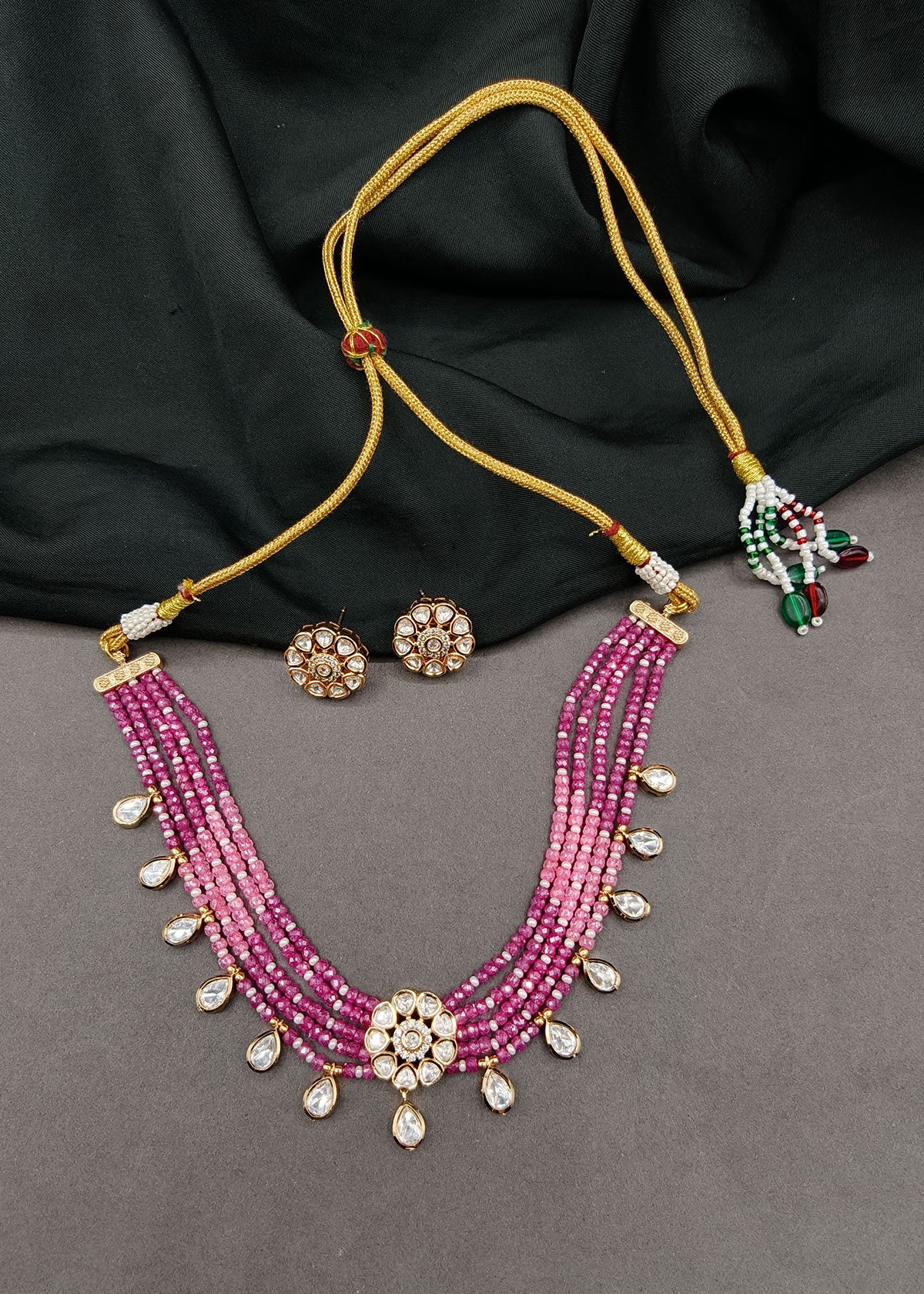 Multi Layer Pearl With Kundan And Zircon Choker Necklace Set For Women