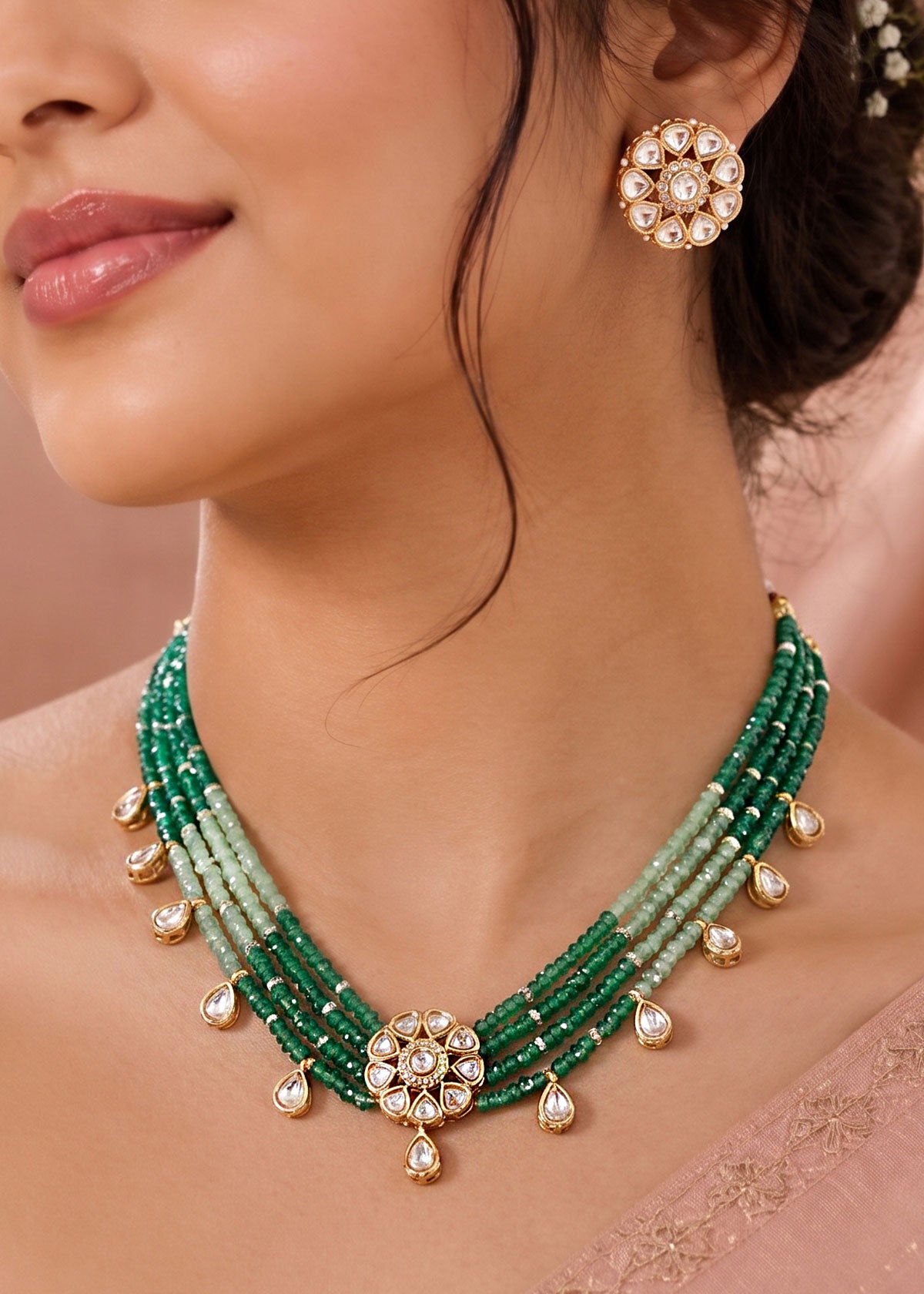 Multi Layer Pearl With Kundan And Zircon Choker Necklace Set For Women