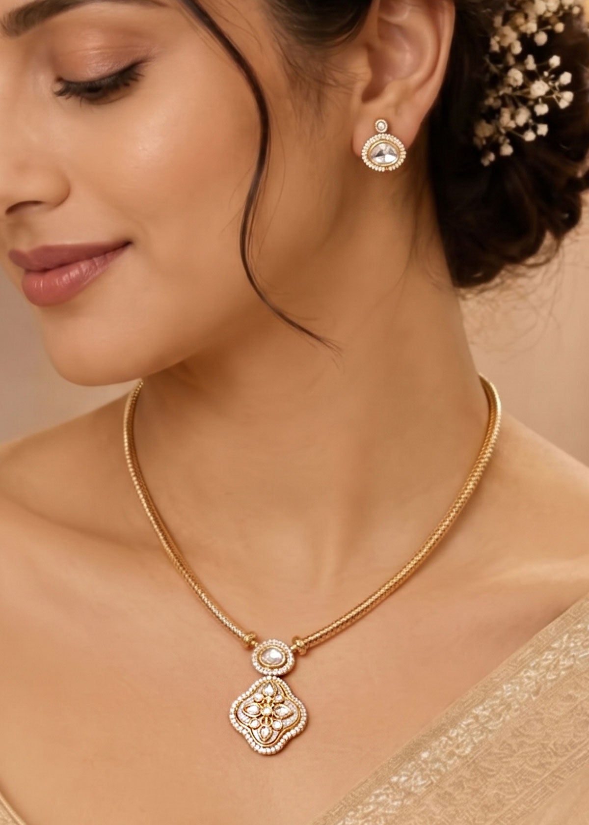 Mother Of Pearl & Floral Kundan With Zircon Adjustable Short Necklace Set For Women