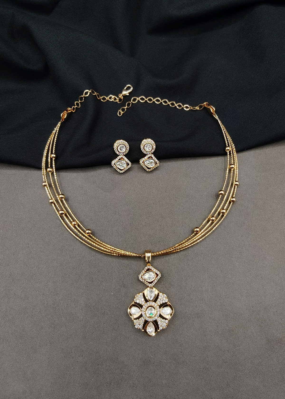 Triple Strand Floral Kundan & Zircon Adjustable Short Necklace Set For Women