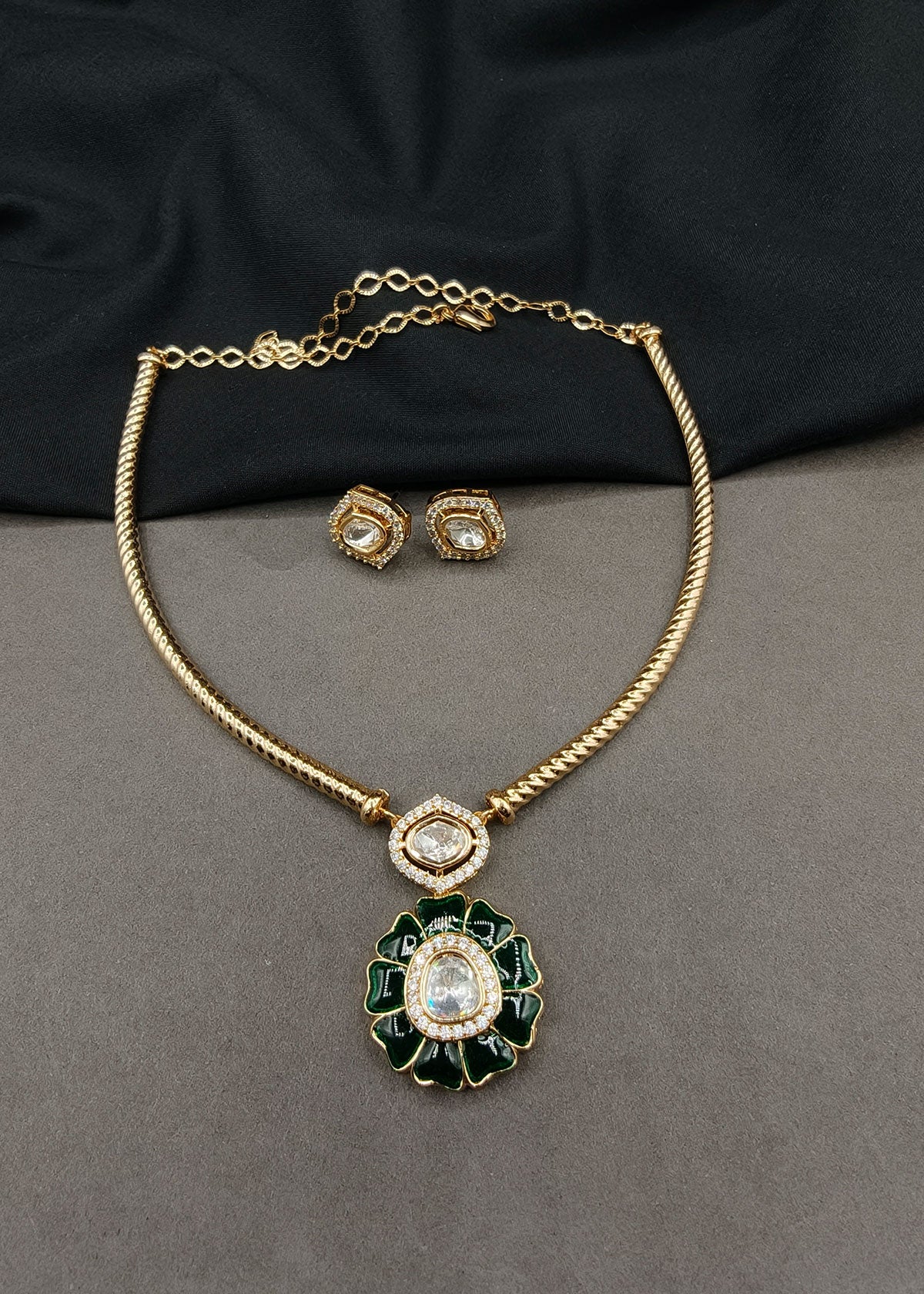 Meenakari & Floral Kundan With Zircon Adjustable Short Necklace Set For Women