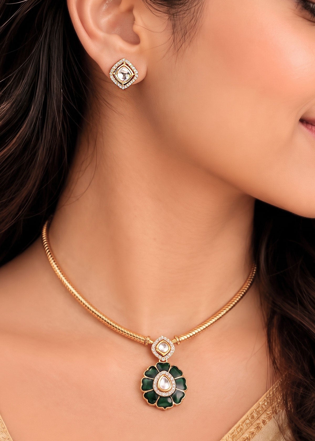 Meenakari & Floral Kundan With Zircon Adjustable Short Necklace Set For Women