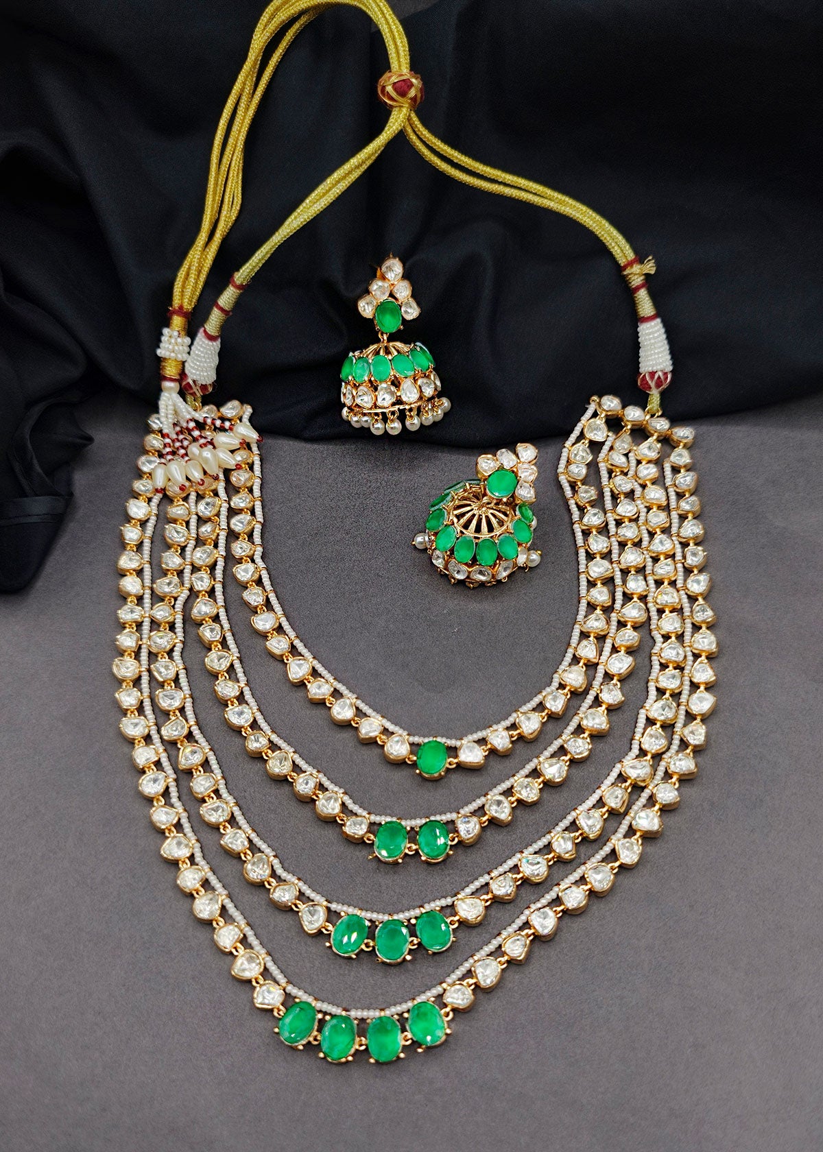 Kundan & Emerald Layered Bridal Necklace Set For Women