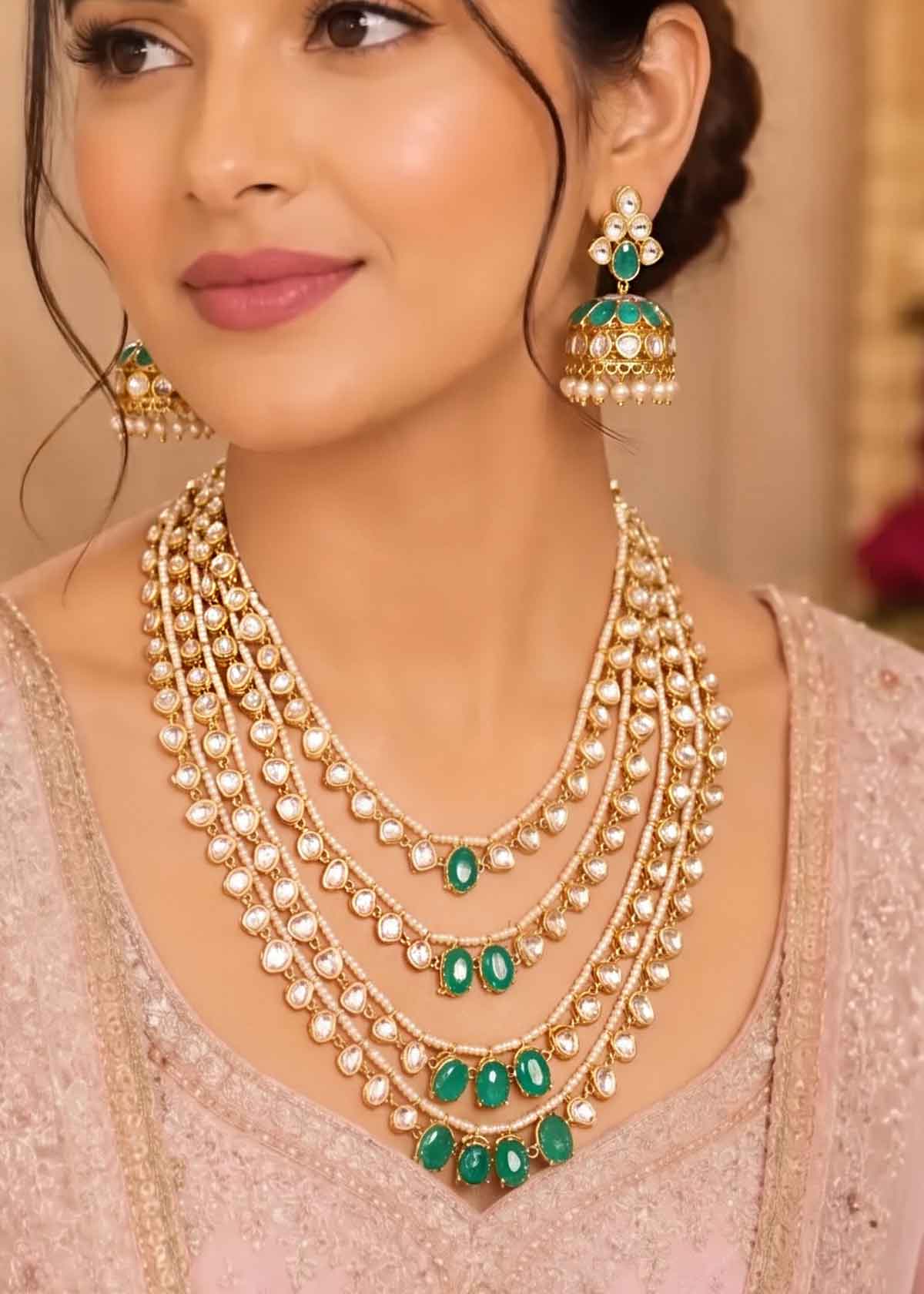 Kundan & Emerald With Pearl Border Layered Bridal Necklace Set