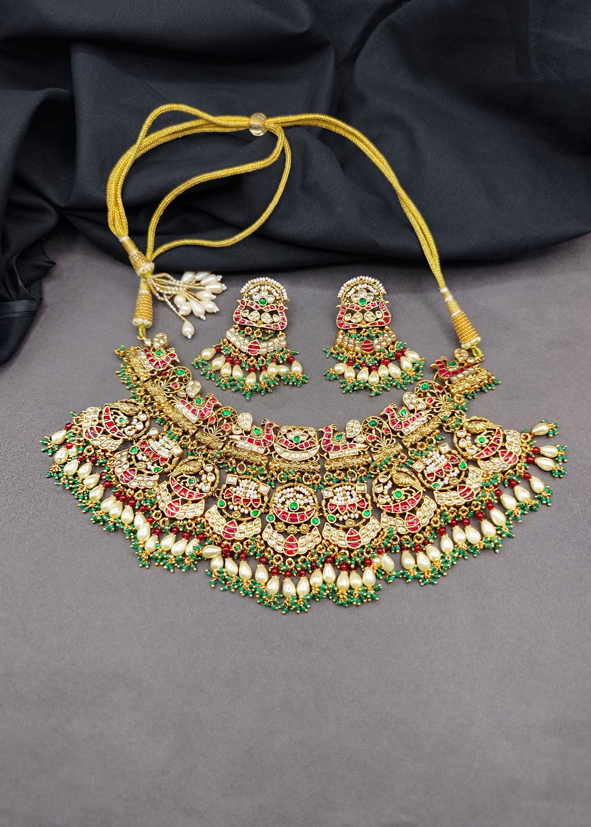 Peacock Motif Kundan & Pearl Bridal Necklace Set For Women