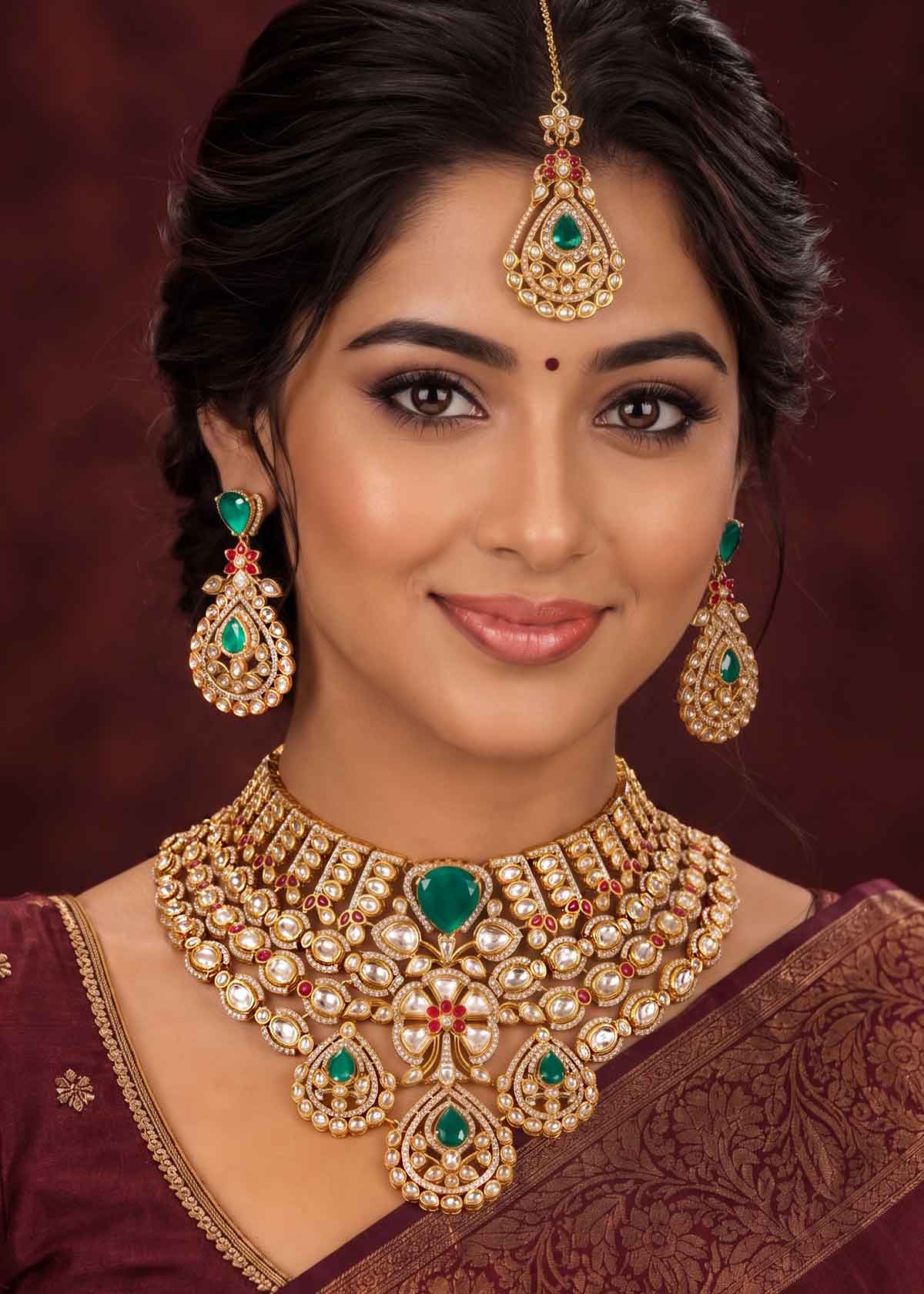 Emerald & Kundan Bridal Short Necklace Set With Tikka