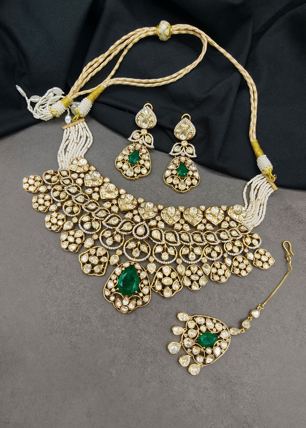 Emerald & Moissanite Polki Bridal Necklace Set With Maang Tikka