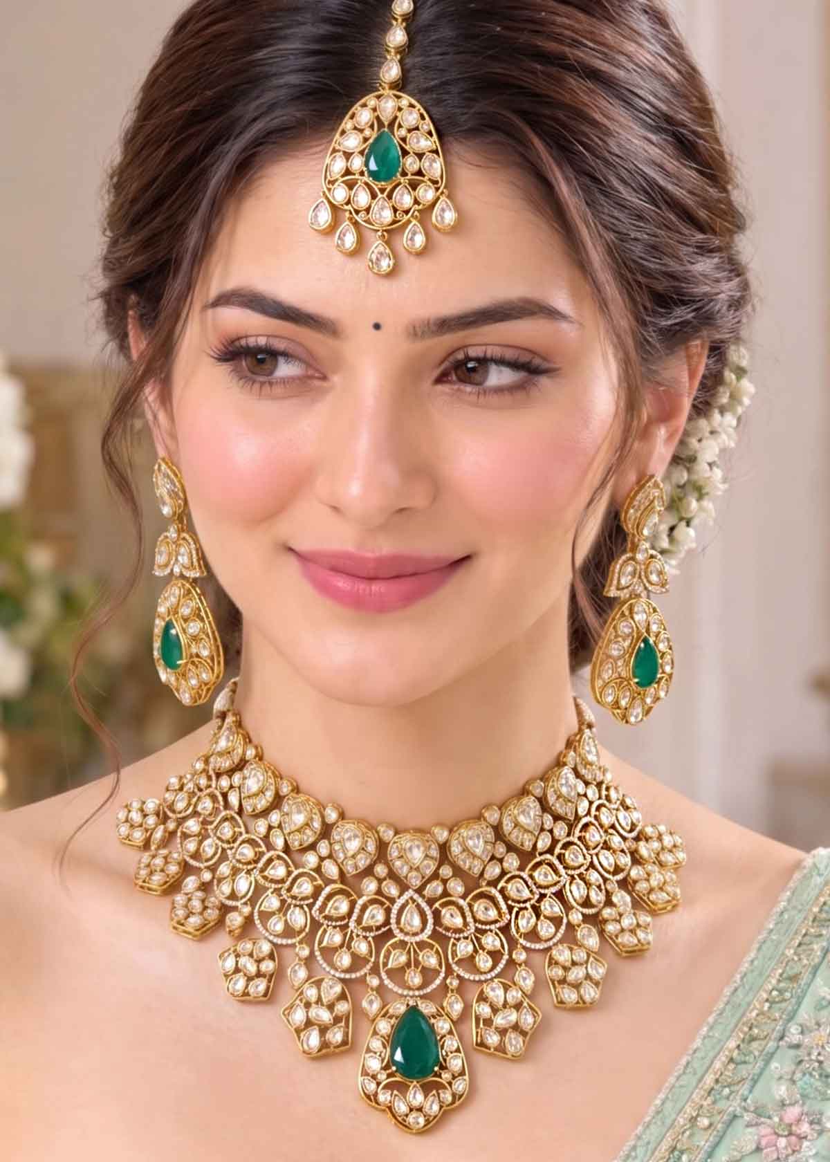 Emerald & Moissanite Polki Bridal Necklace Set With Maang Tikka