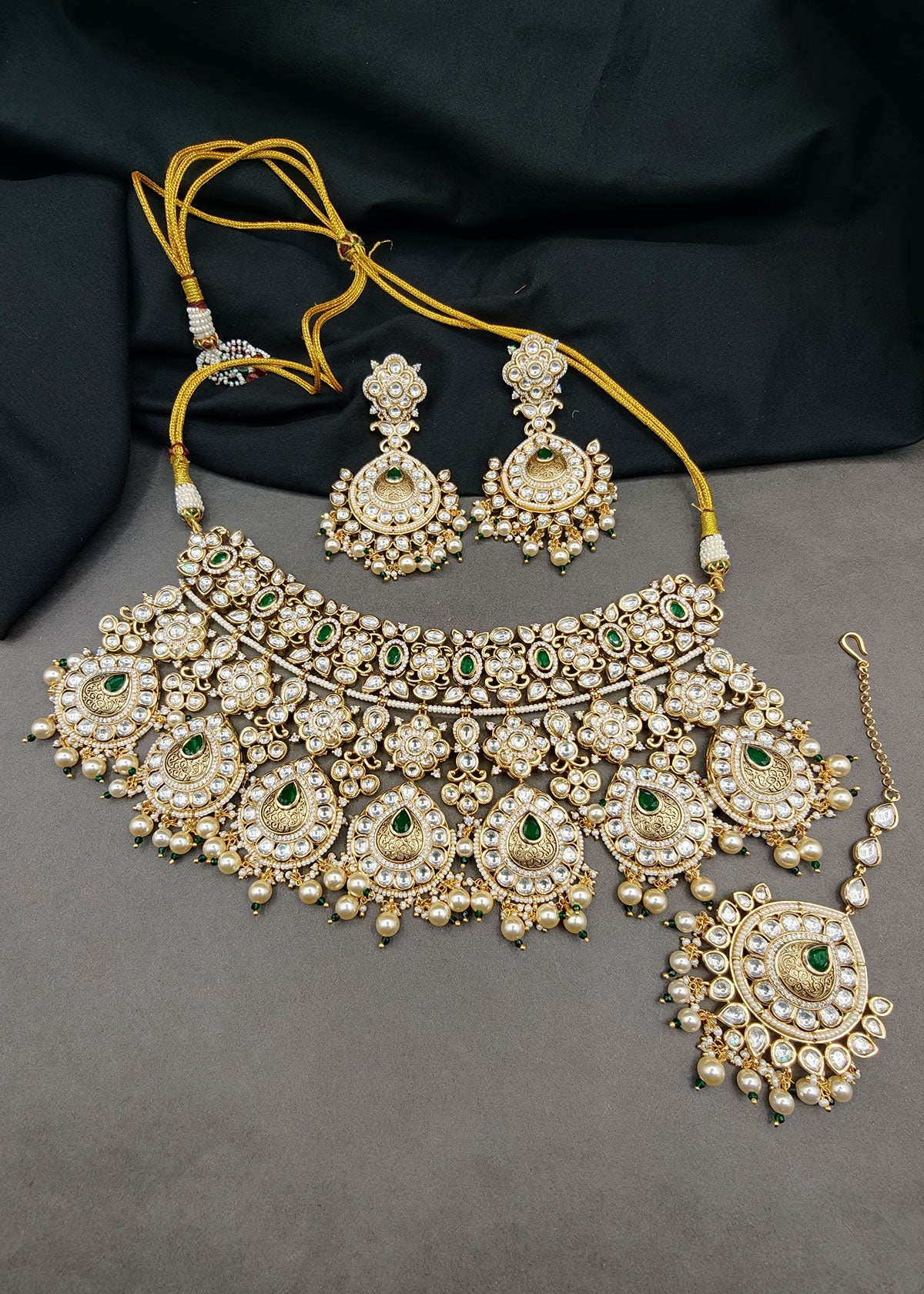 Gold Emerald Bridal Choker Set & Maang Tikka