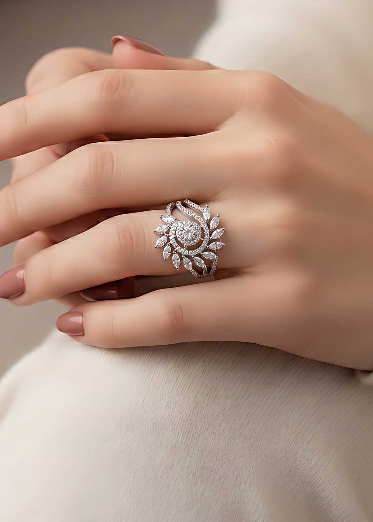 The Solstice Swirl Zircon Statement Ring For Woman