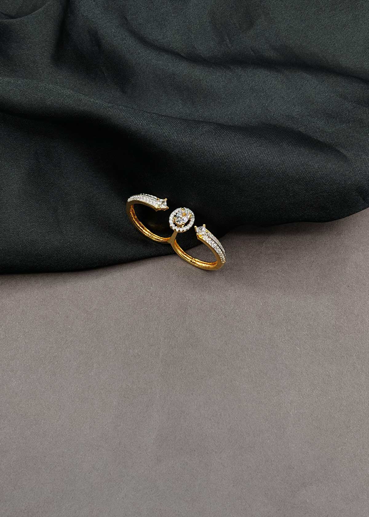Solitaire Zircon Gold Adjustable Double Finger Ring For Women