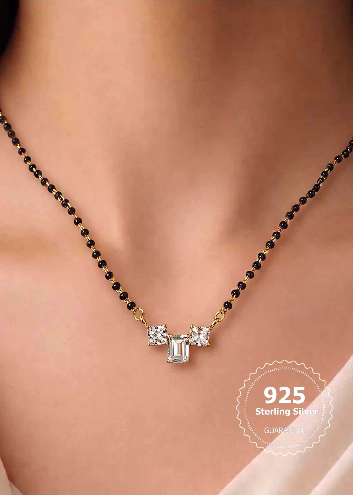 92.5 Sterling Silver Three Stone Zircon Mangalsutra