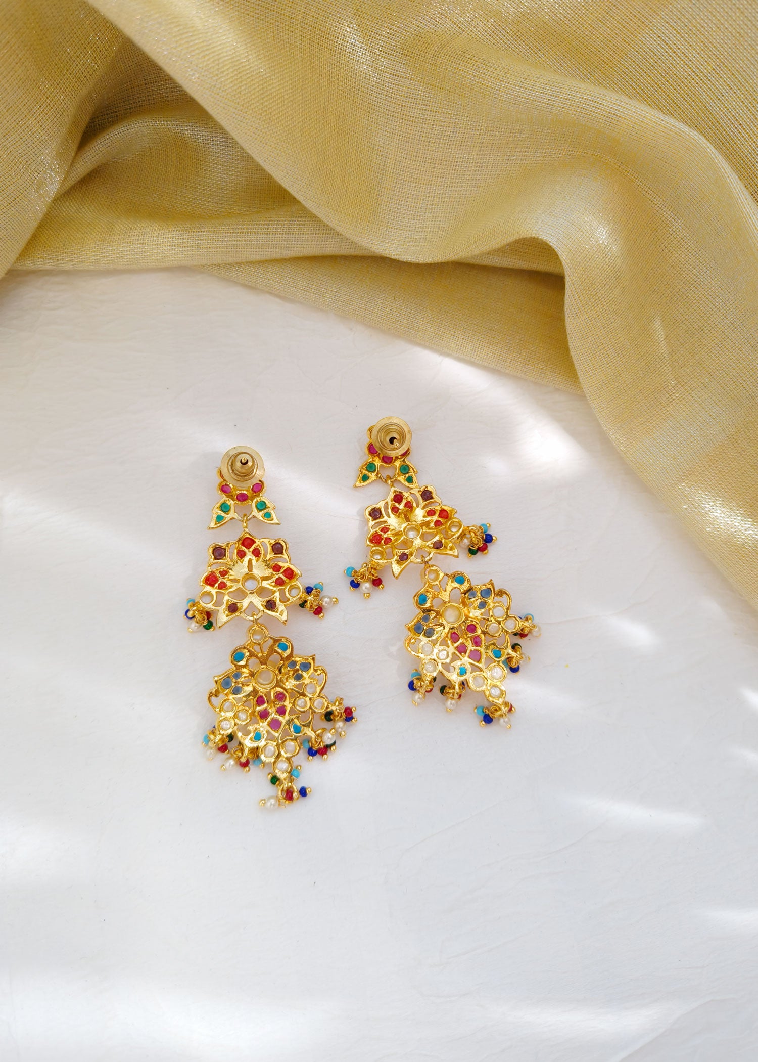 Long Jadau Gold Plated Navratna Earring