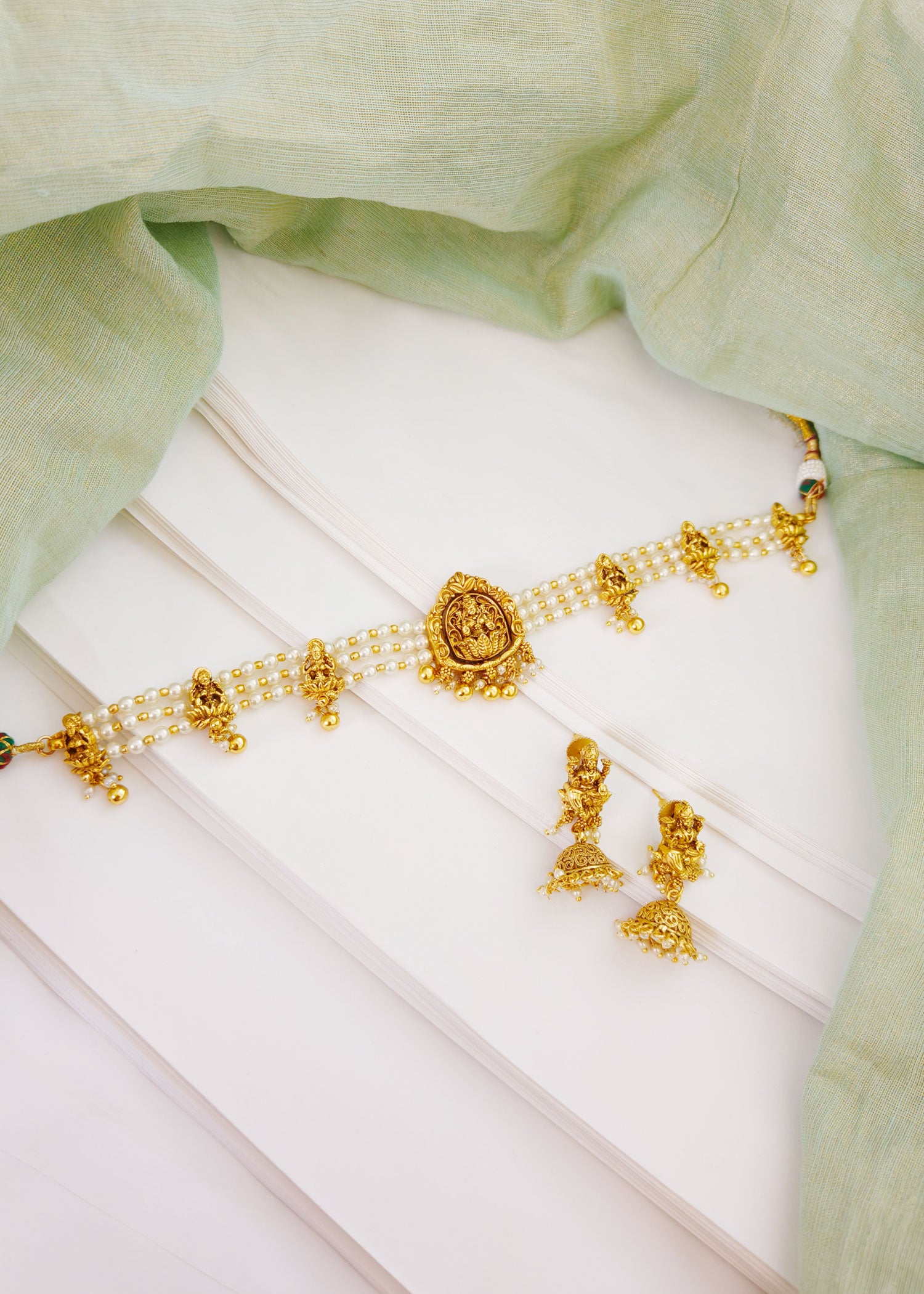 Antique Gold Pearl Lakshmi Choker Necklace Set