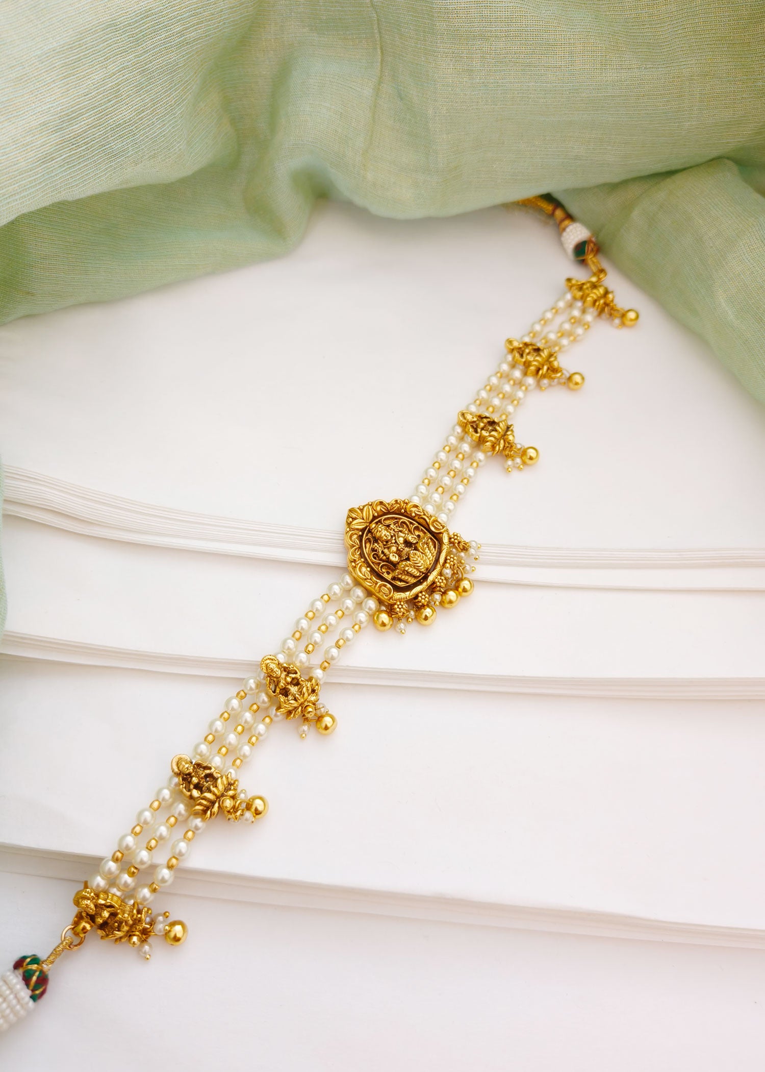 Antique Gold Pearl Lakshmi Choker Necklace Set
