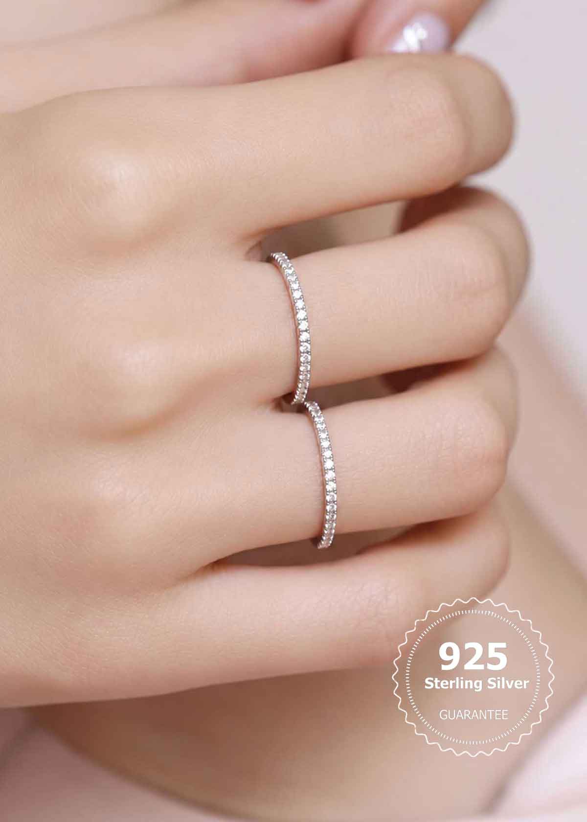92.5 Sterling Silver Two-Finger Delicate Diamond Adjustable Finger Ring For Women