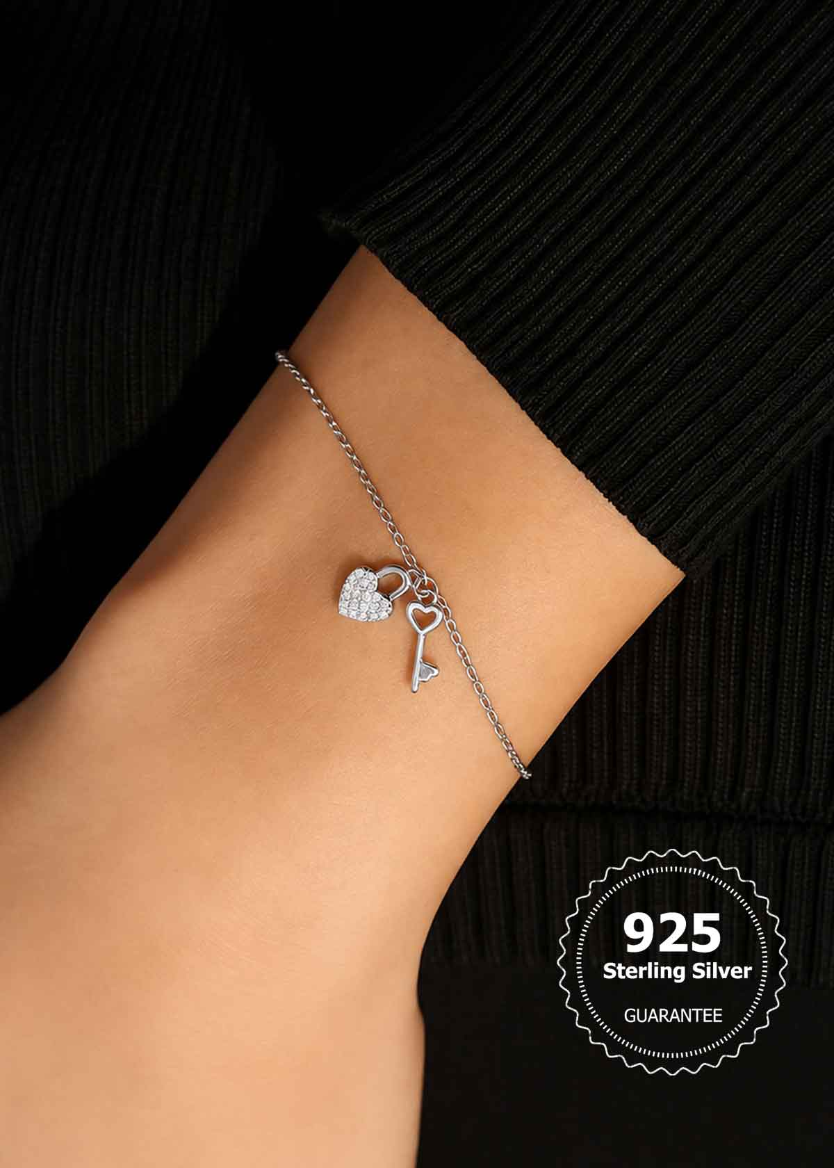 92.5 Silver Heart Lock & Key Zircon Delicate Adjustable Loose Bracelet For Women