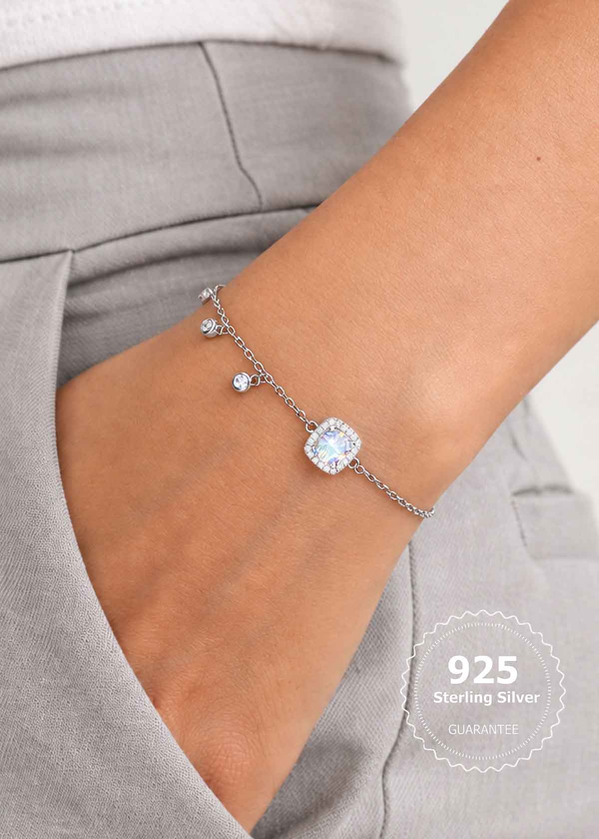 92.5 Silver Solitaire & Cubic Zircon Dangle Adjustable Loose Bracelet For Women