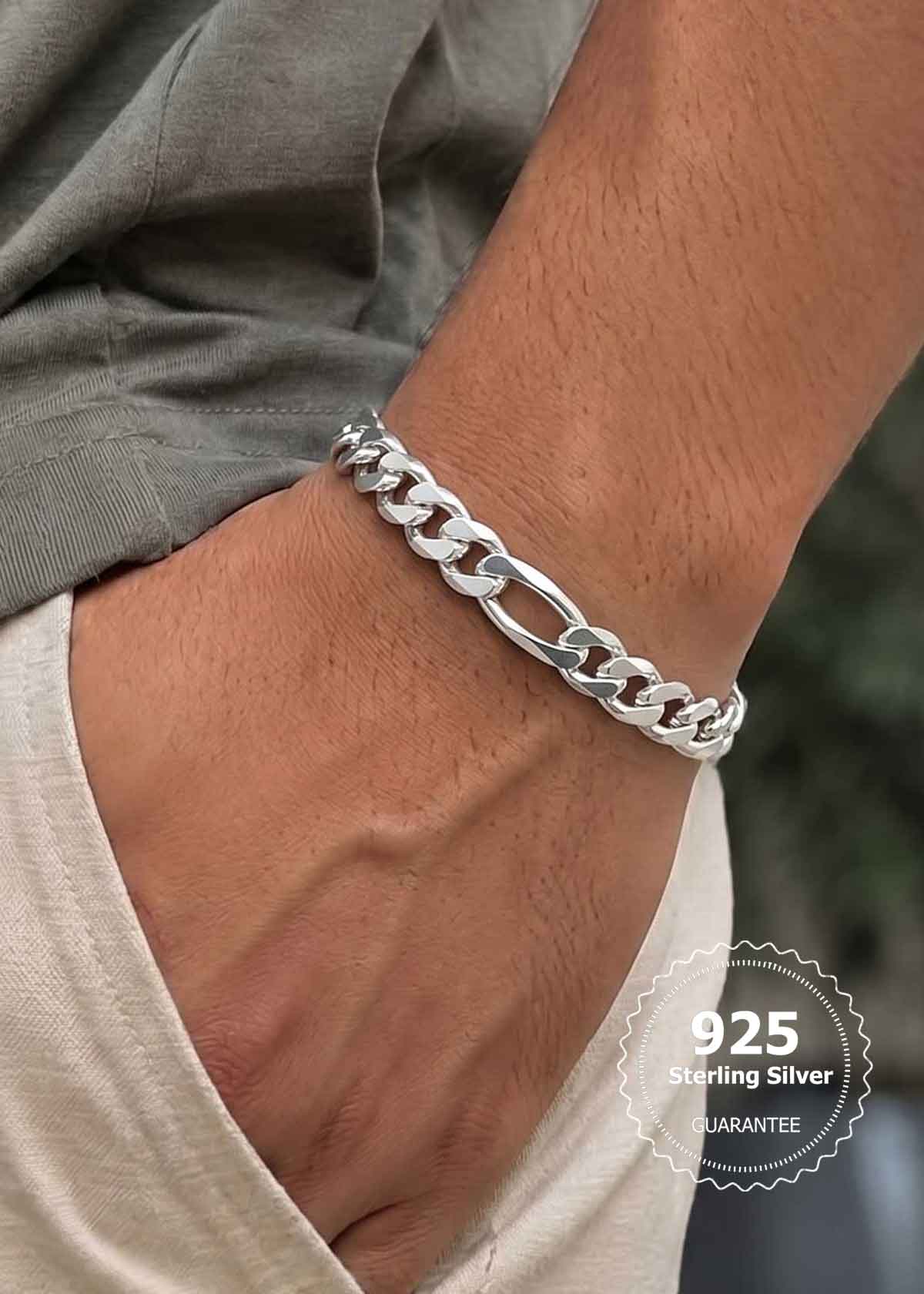 92.5 Sterling Silver Solid Bold Figaro Link Chain Loose Bracelet For Men