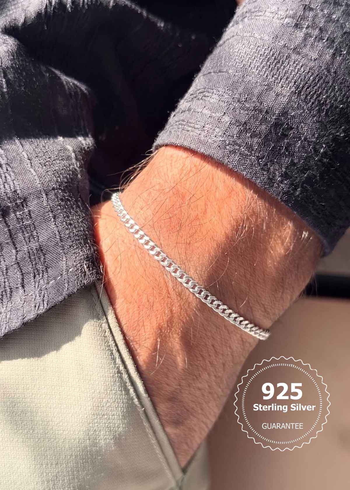 92.5 Sterling Silver Flat Thin Curb-Link Men's Loose Bracelet