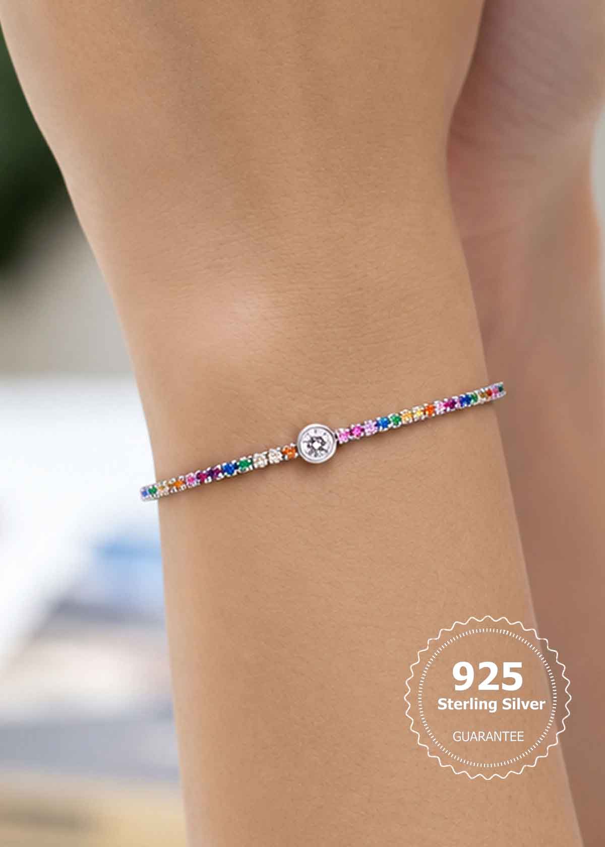 92.5 Silver Rainbow Zircon Delicate Adjustable Loose Tennis Bracelet For Women