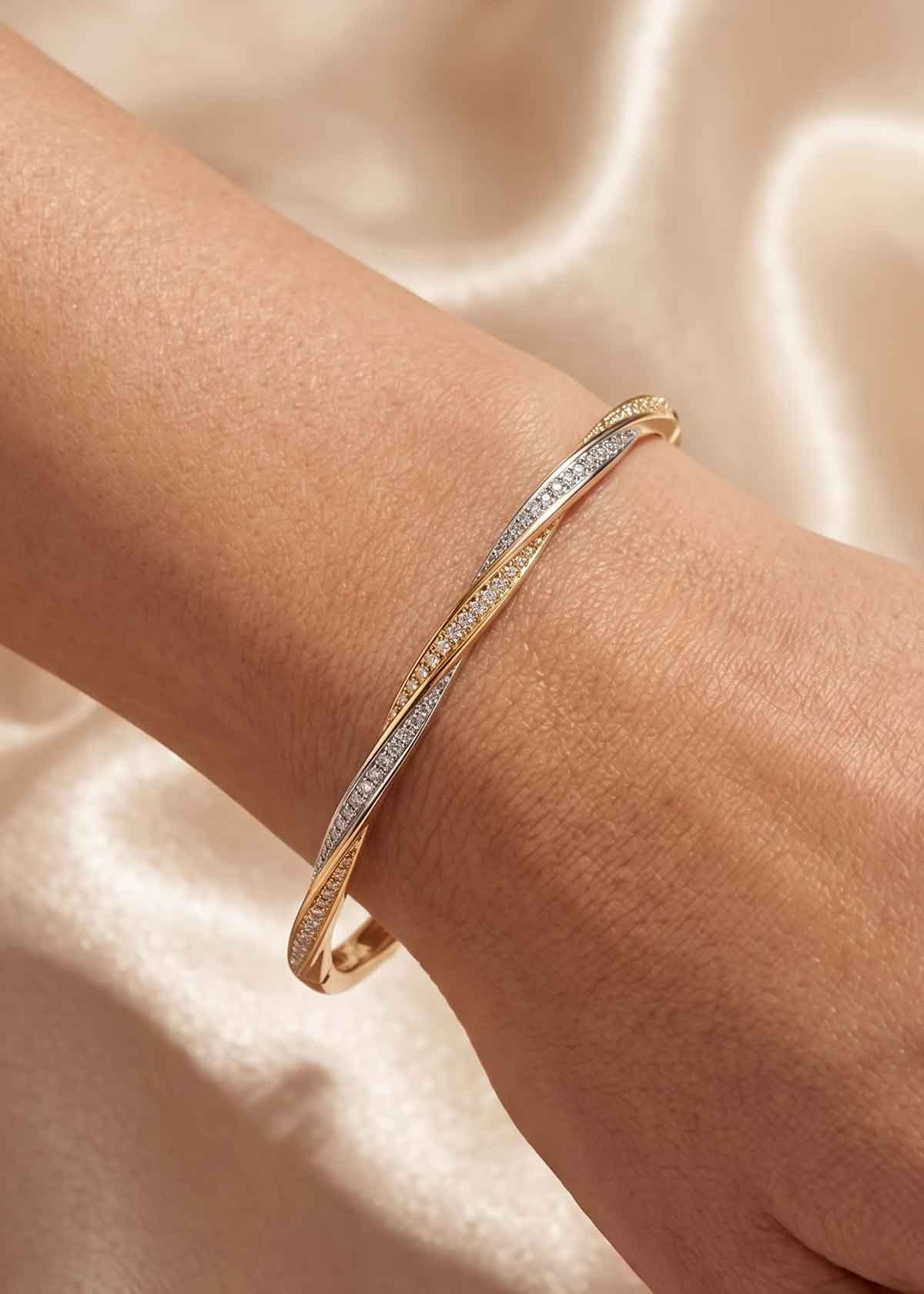 Sleek Dual Ribbon Twisted Cubic Zircon Fixed Bangles For Women (Pair)