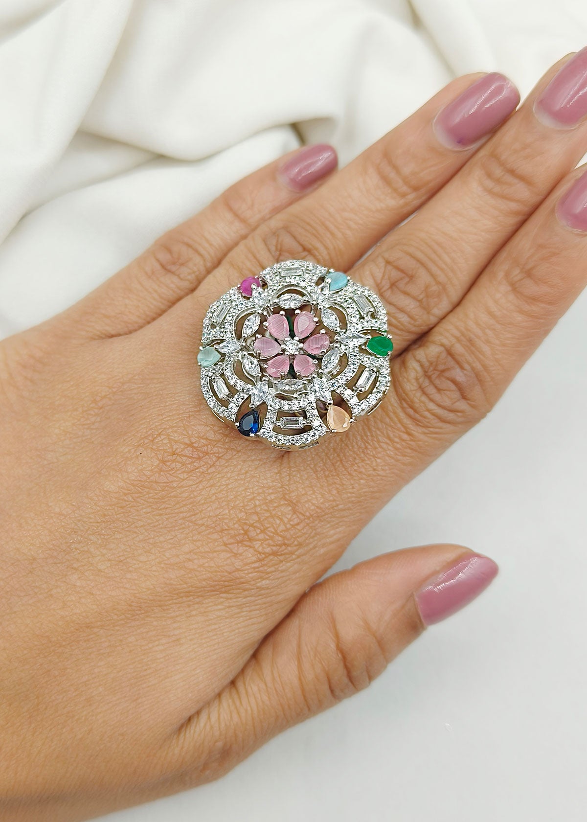 Multi Colour Stone Floral Design Cubic Zircon Adjustable Finger Ring