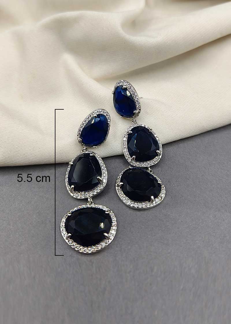Silver Diamond Sapphire Stone Long Dangle Earring