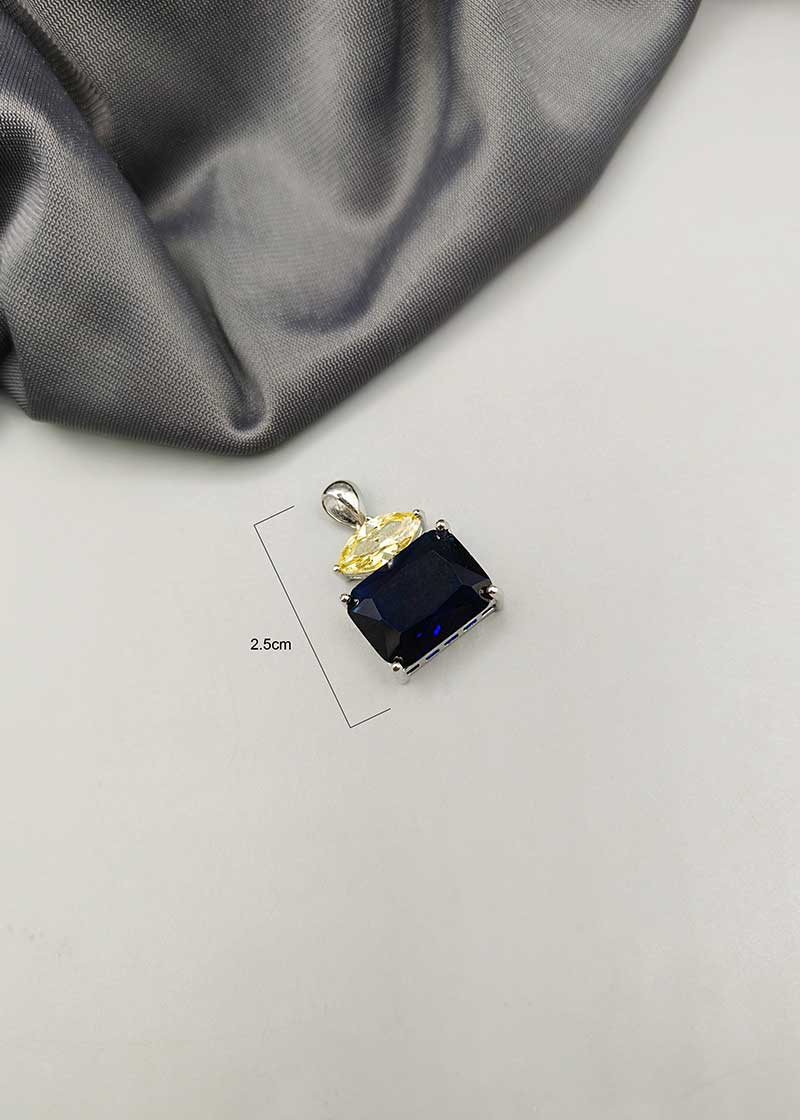 Cubic Zircon Blue Sapphire Stone Small Square Shape Pendant Set