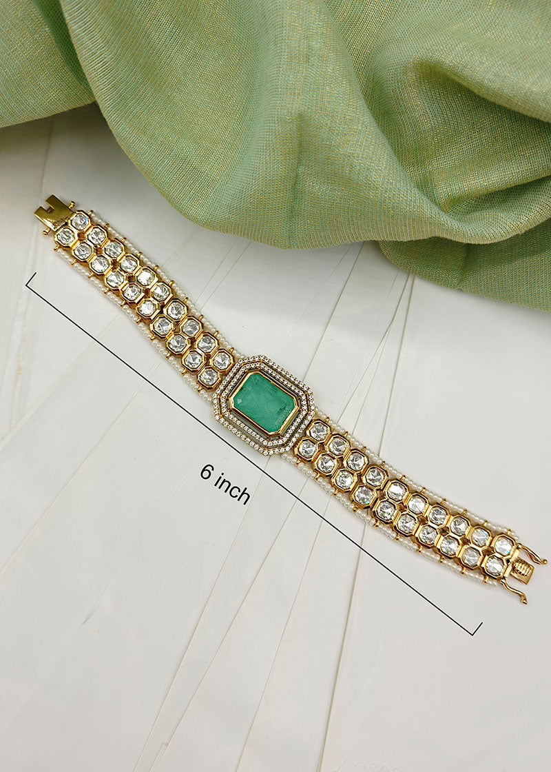 Cubic Zircon With Kundan Emerald Pearl Loose Bracelet