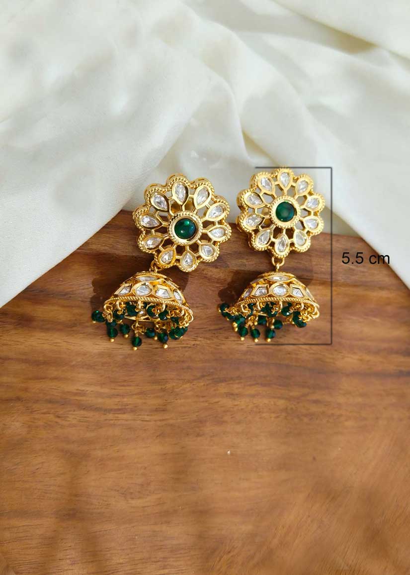 Gold Plated Dark Green Beads And White Pearl Kundan Short Necklace Set