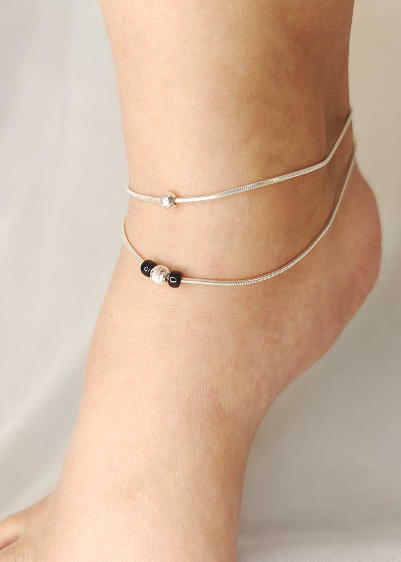 92.5 Sterling Silver Black Ball Two Line Delicate Payal/Anklet