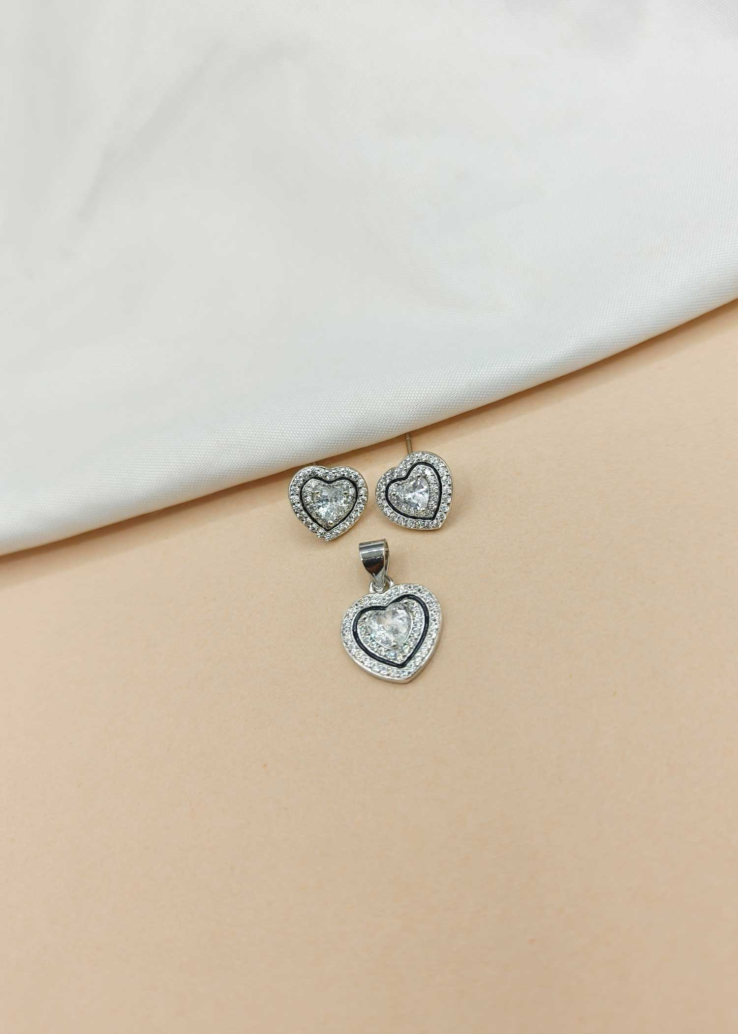 92.5 Sterling Silver CZ Heart Shape Pendant Set