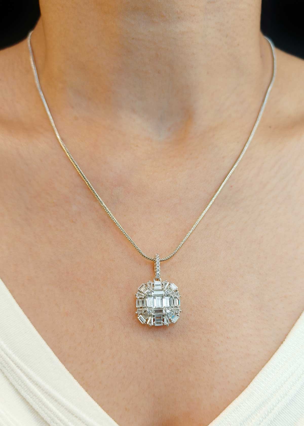 92.5 Sterling Silver Baguette Cut White Cubic Zircon Pendant Set