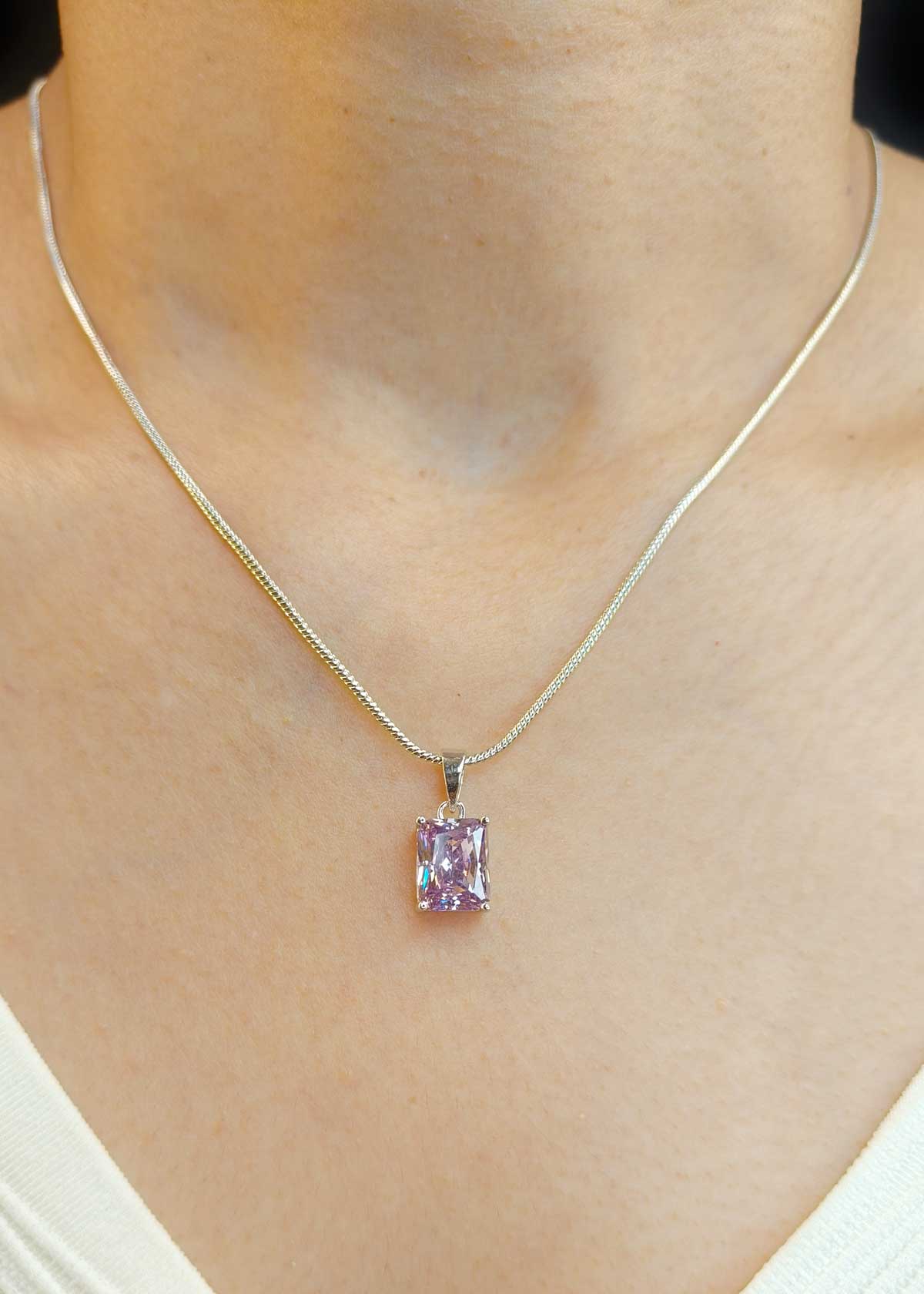 92.5 Sterling Silver White Stone Square Design Pendant Set