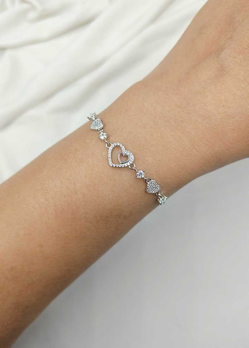 92.5 Sterling Silver Cubic Zircon Heart Shape Women Loose  Bracelet