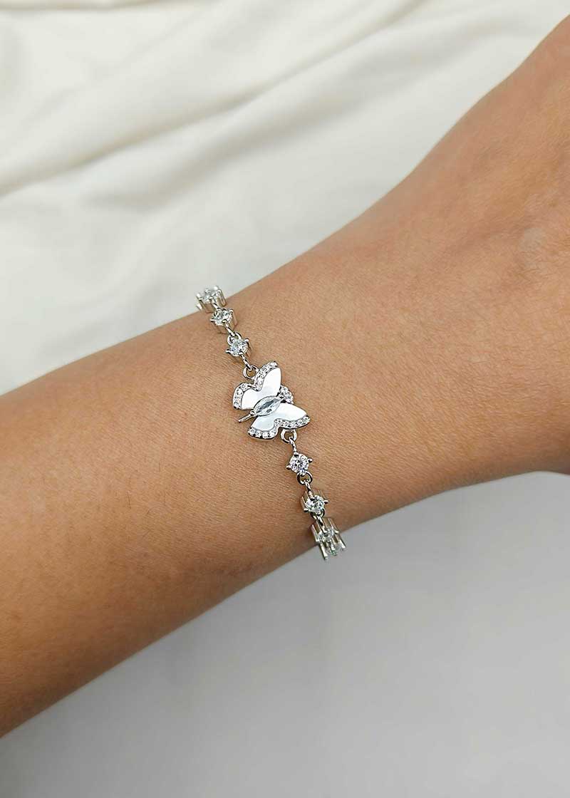 92.5 Sterling Silver Butterfly Mother of Pearl Cubic Zircon Women Loose Bracelet