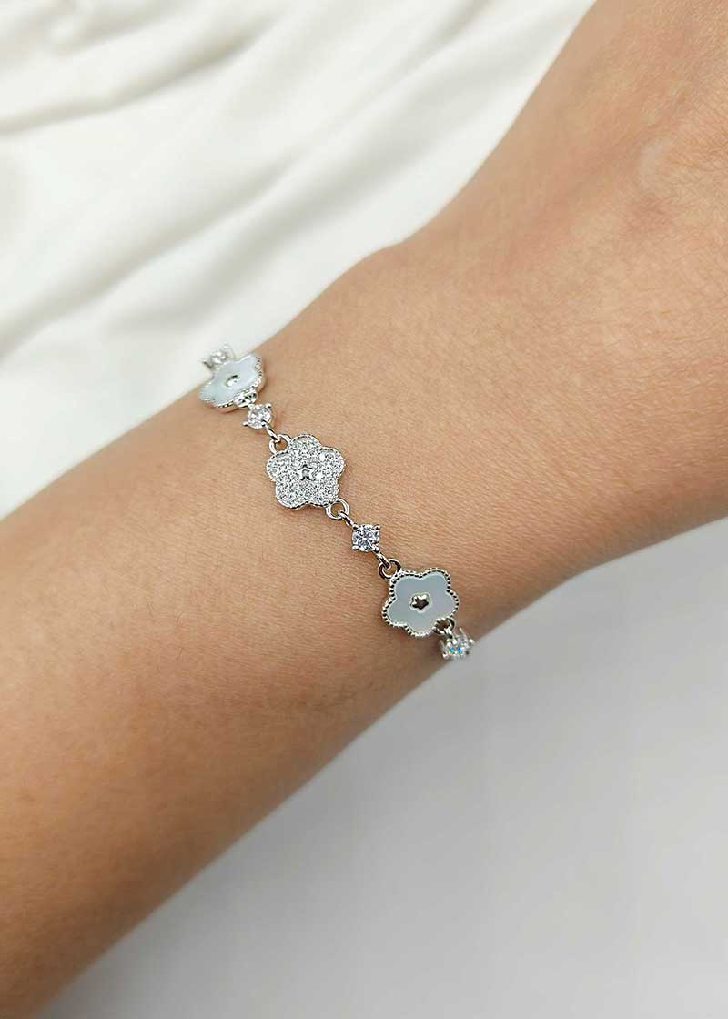 92.5 Sterling Silver Heartbeat Cubic Zircon Van Cleef & Arpels Mother of Pearl Women Loose Bracelet