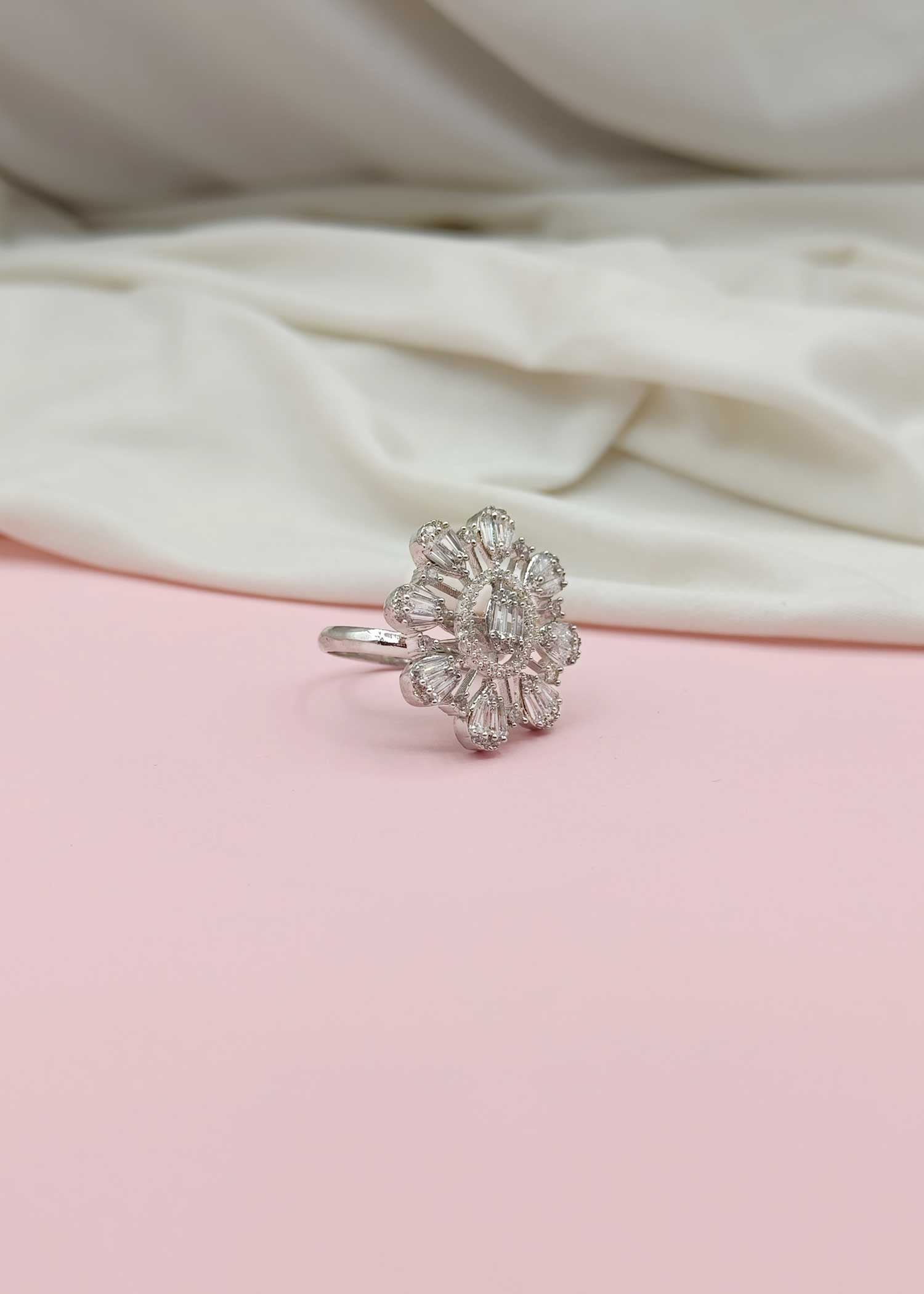 Silver Plated Flower Design Adjustable Big Finger Ring