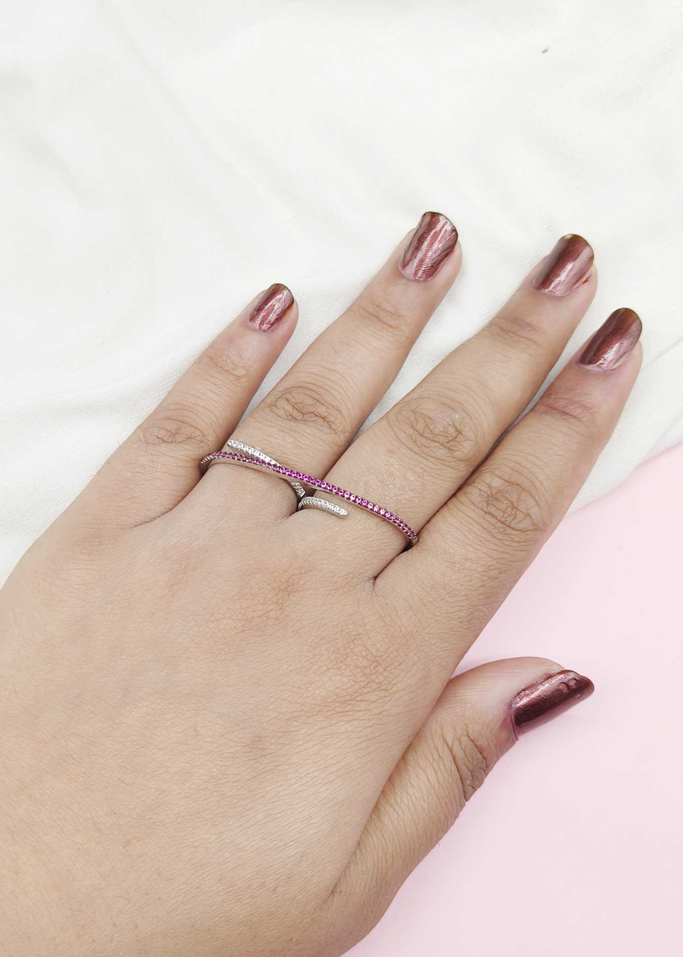 92.5 Sterling Silver Wavy Two-Finger Ruby Zircon Women Adjustable Finger Ring